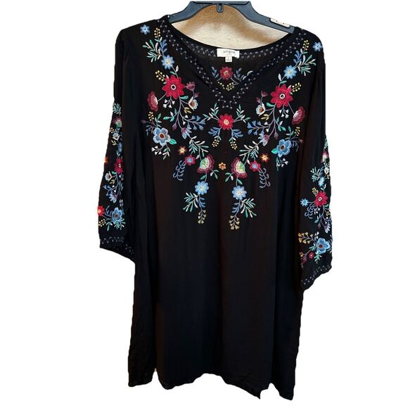 Umgee Tunic Blouse Floral Embroidered Round High Collar 3/4 Sleeves Large - Picture 1 of 6